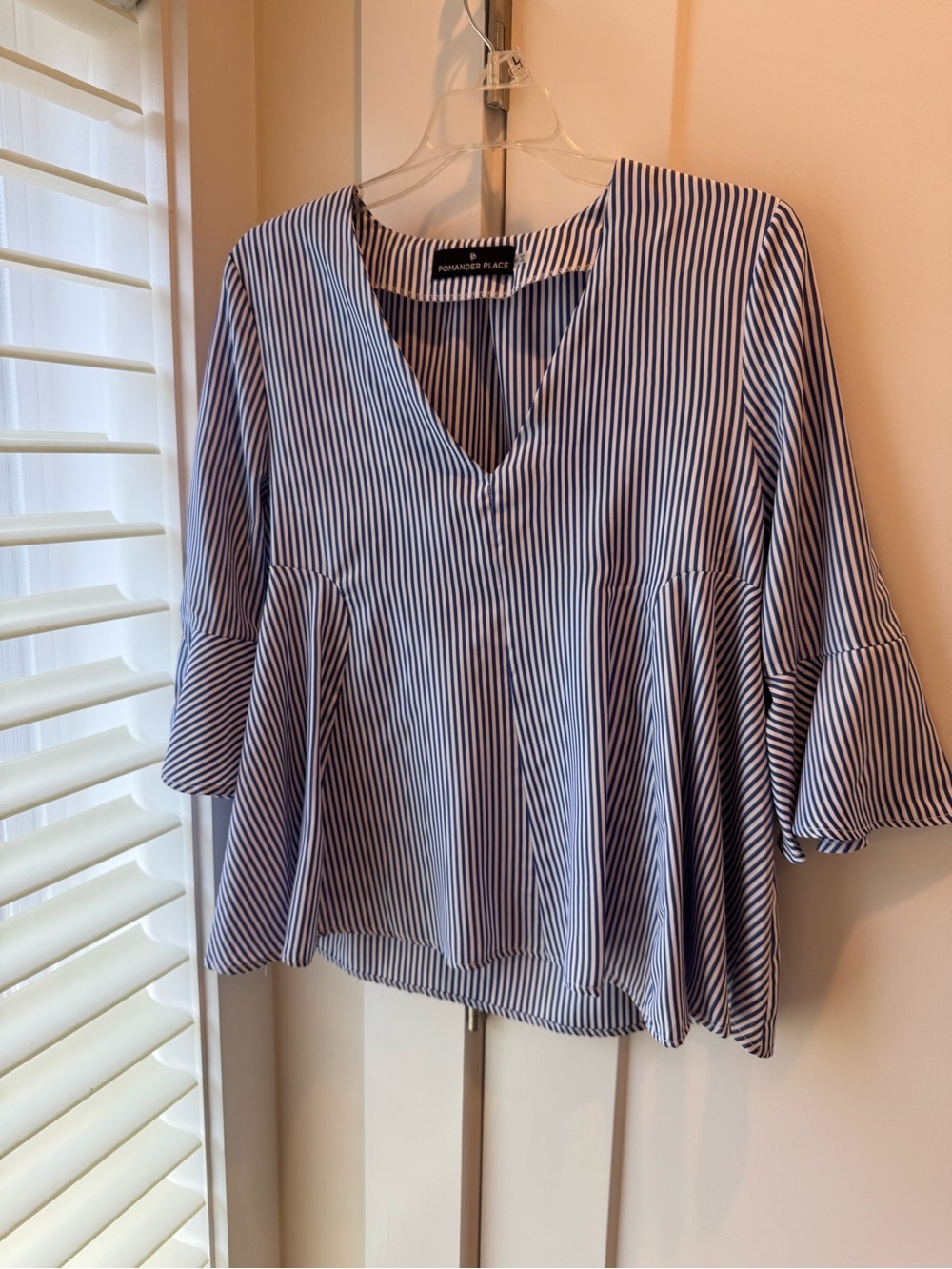 Pomander Place Navy & White Striped V-Neck Peplum Blouse